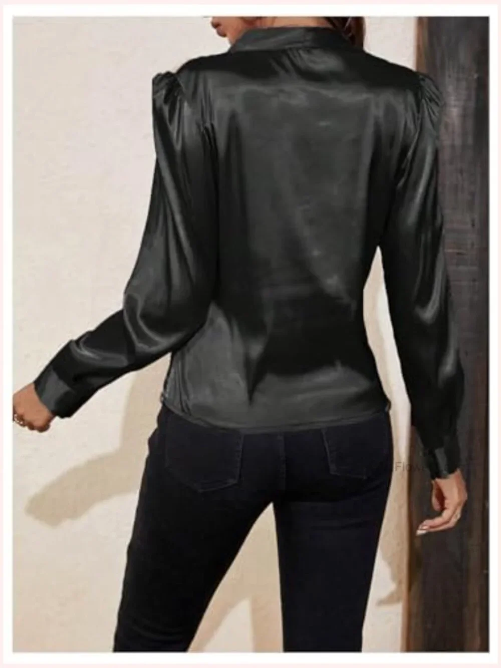 Women's Satin Silk V-Neck Wrap Blouse Long Sleeve Puff Sleeve Office Top - Picture 2 of 6